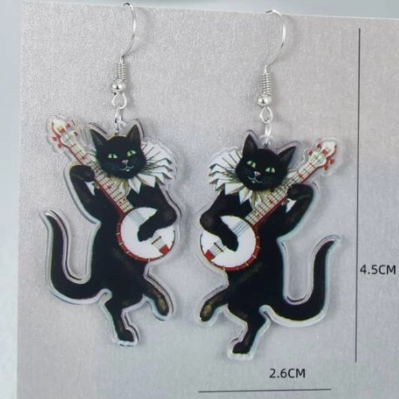 🧿 2 for $25 🧿 Black Cat Musician Acrylic Dangle Earrings - Picture 4 of 6
